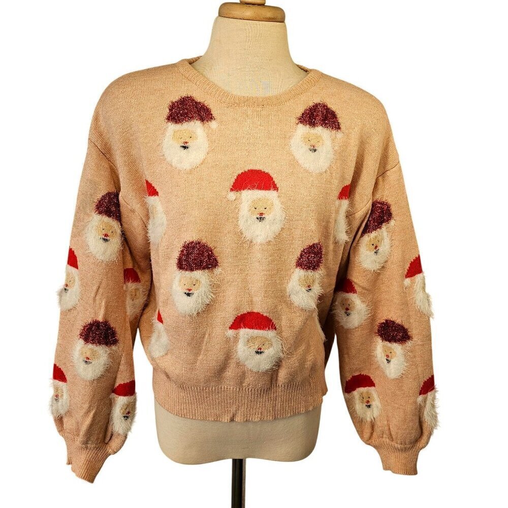 Christmas 3D Pink Embroider Santa Claus Sweater Women M/L Crew Neck Balloon Slv